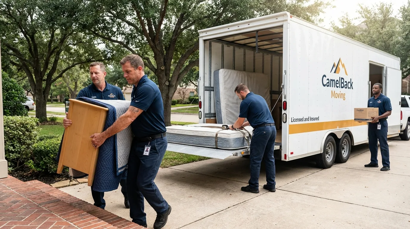 Crew loading residential truck for cross-state move from Milam, TX