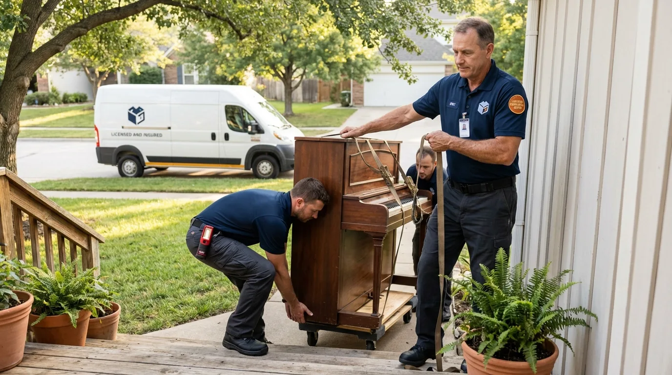 Licensed piano movers securing grand piano in Milam, TX
