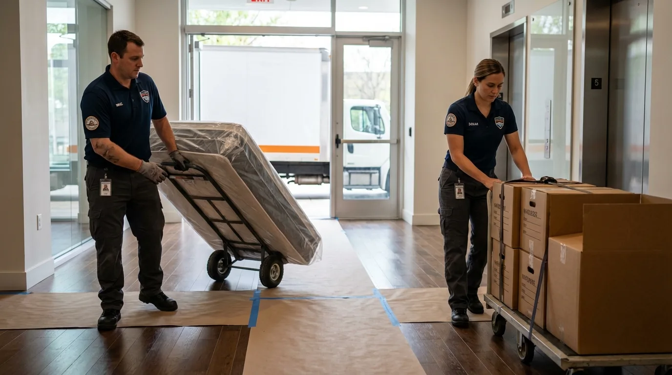 Professional apartment movers loading elevator in Milam, TX