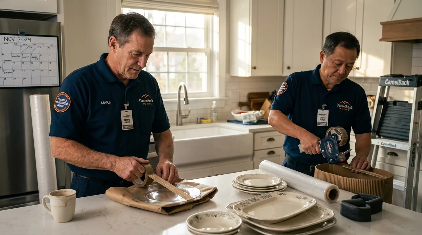 Professional crew packing kitchen dishware in Milam, TX